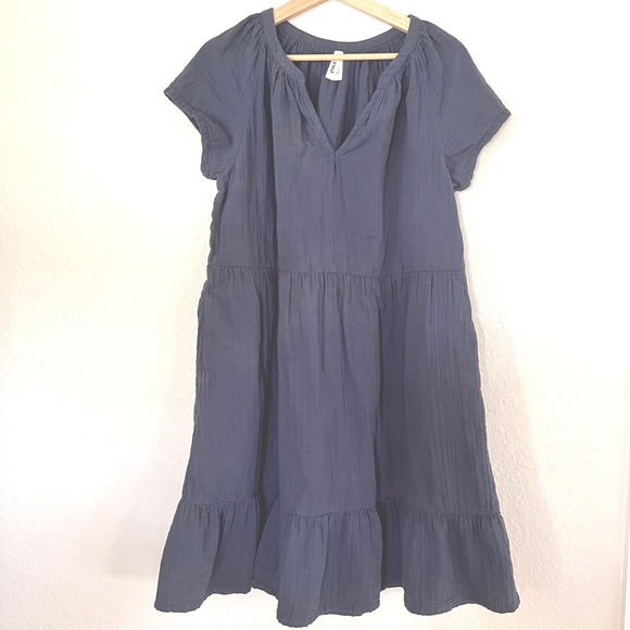 Pact Dresses & Skirts - Pact Organic Cotton Gauze Tiered Midi Dress Blue V-Neck Pockets Comfy size Large